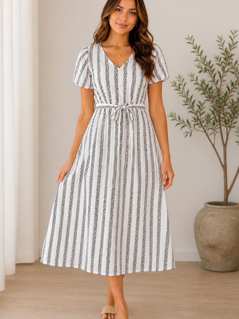 White Black Striped Midi Dress Size L Puff Sleeve Tie Waist Casual Summer Dress